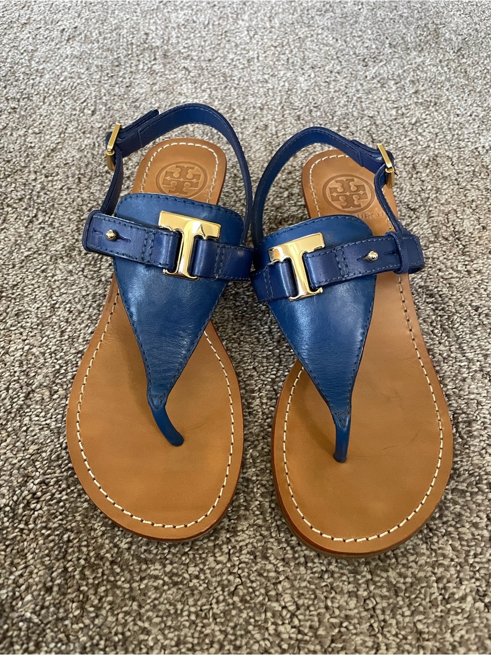 Tory Burch Navy Leather T-Strap Sandals with Gold Logo